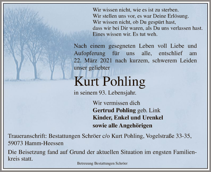  Traueranzeige für Kurt Pohling vom 03.04.2021 aus WA