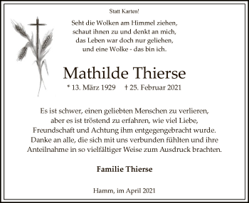 Traueranzeige von Mathilde Thierse von WA