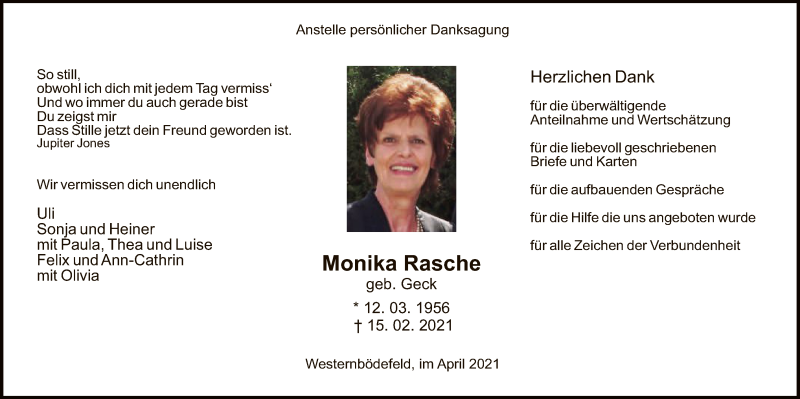  Traueranzeige für Monika Rasche vom 24.04.2021 aus WA
