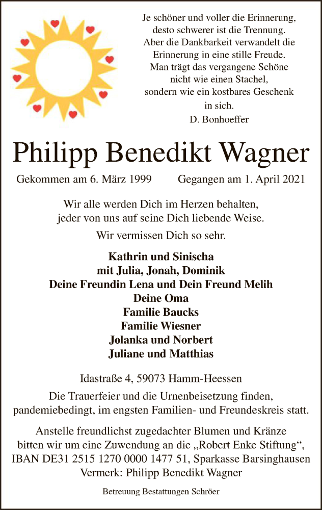  Traueranzeige für Philipp Benedikt Wagner vom 10.04.2021 aus WA
