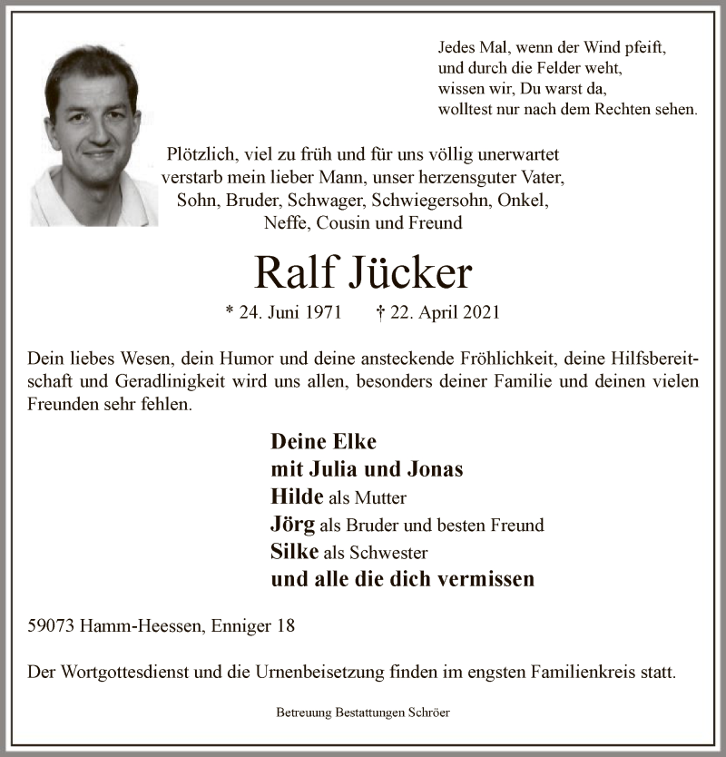 Traueranzeige für Ralf Jücker vom 24.04.2021 aus WA