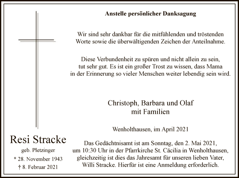  Traueranzeige für Resi Stracke vom 24.04.2021 aus WA