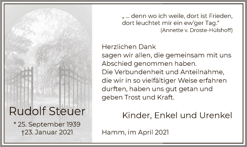  Traueranzeige für Rudolf Steuer vom 10.04.2021 aus WA