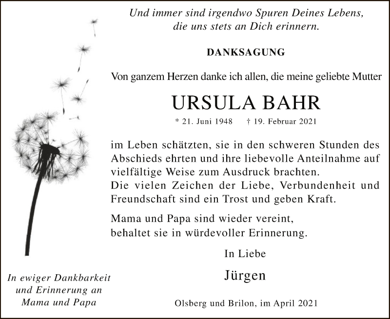  Traueranzeige für Ursula Bahr vom 03.04.2021 aus WA