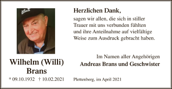 Traueranzeige von Wilhelm Brans von WA