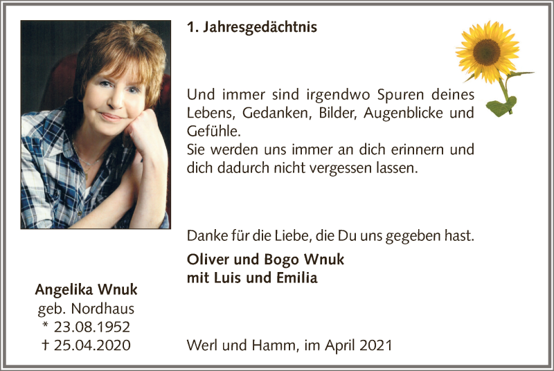  Traueranzeige für Angelika Wnuk vom 25.04.2021 aus WA