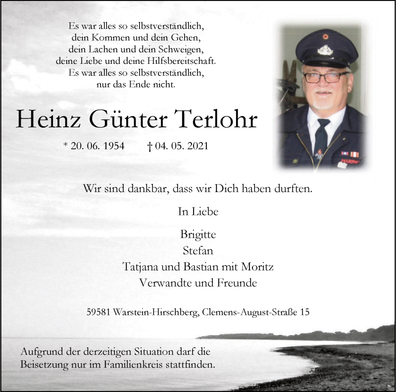  Traueranzeige für Heinz Günter Terlohr vom 08.05.2021 aus WA