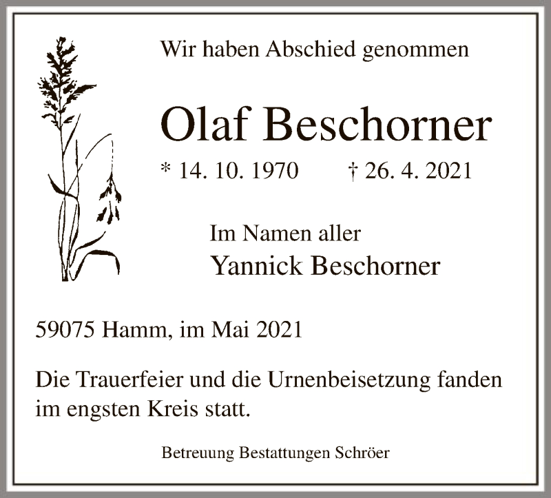  Traueranzeige für Olaf Beschorner vom 08.05.2021 aus WA