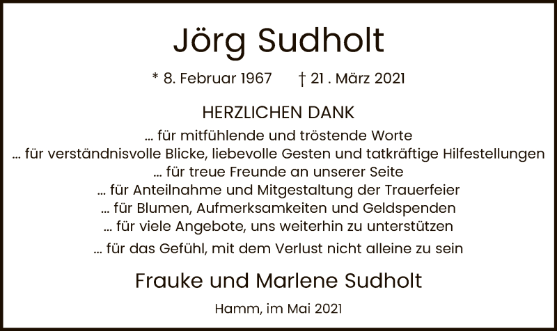  Traueranzeige für Jörg Sudholt vom 15.05.2021 aus WA