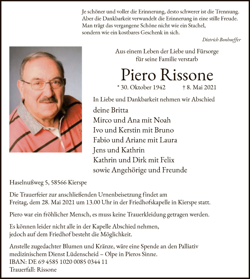  Traueranzeige für Piero Rissone vom 22.05.2021 aus WA