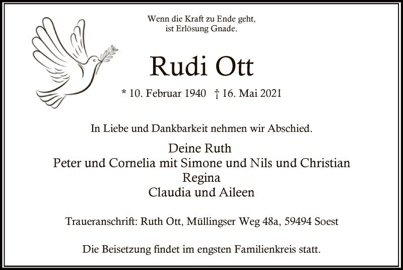  Traueranzeige für Rudi Ott vom 21.05.2021 aus WA