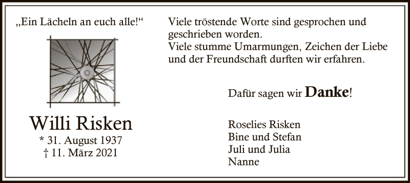  Traueranzeige für Willi Risken vom 29.05.2021 aus WA