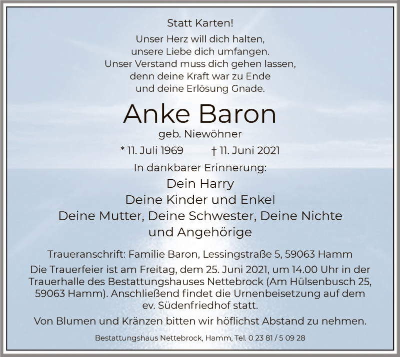  Traueranzeige für Anke Baron vom 19.06.2021 aus WA