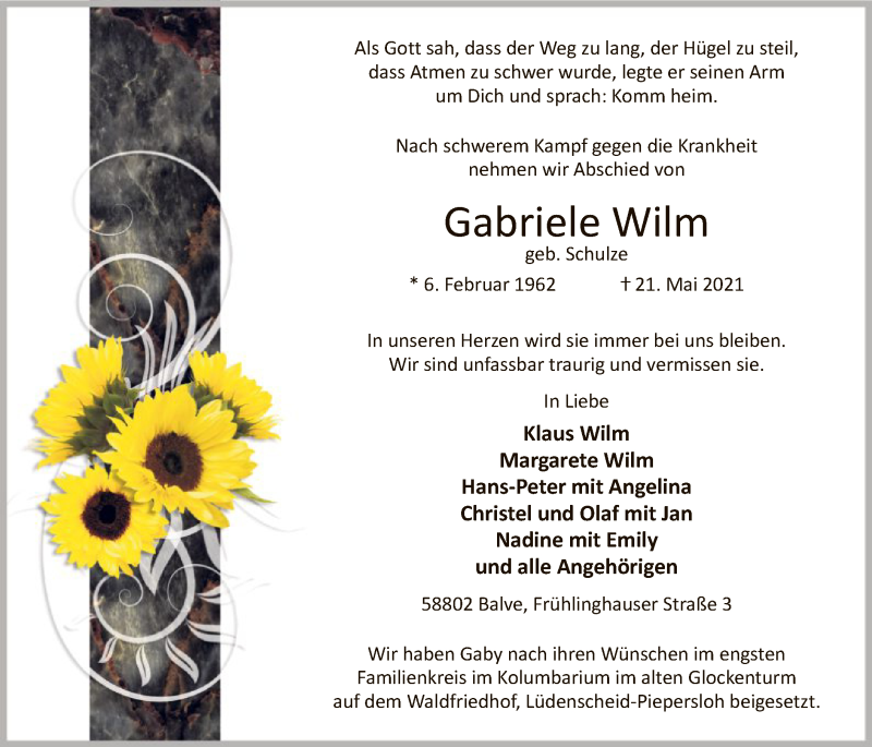  Traueranzeige für Gabriele Wilm vom 08.06.2021 aus WA