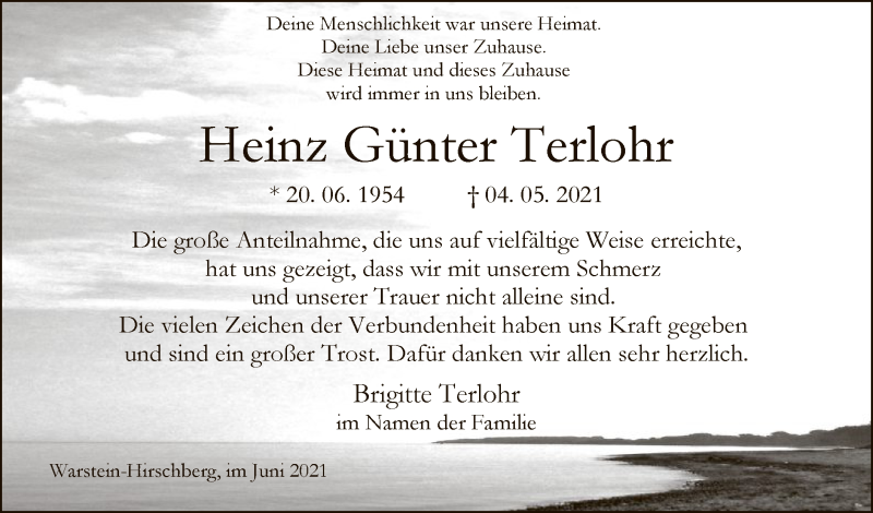  Traueranzeige für Heinz Günter Terlohr vom 12.06.2021 aus WA