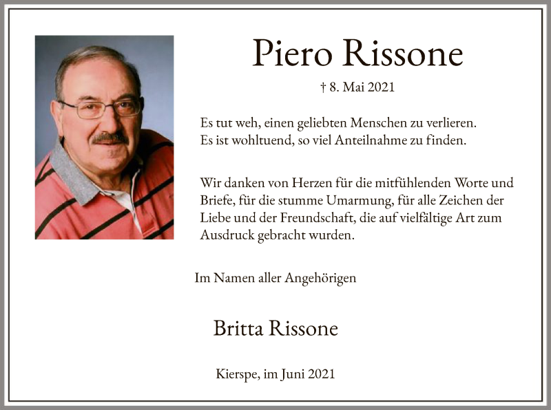  Traueranzeige für Piero Rissone vom 30.06.2021 aus WA