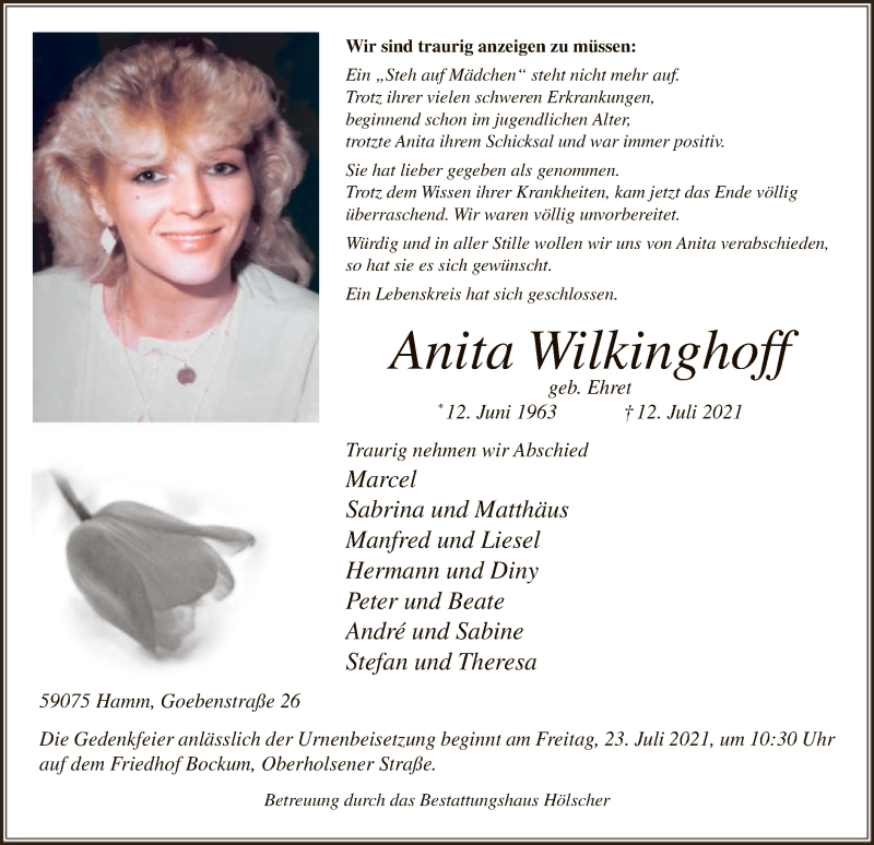  Traueranzeige für Anita Wilkinghoff vom 21.07.2021 aus WA