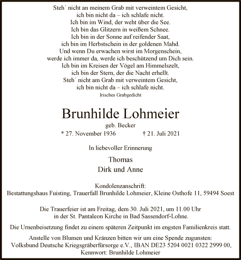  Traueranzeige für Brunhilde Lohmeier vom 27.07.2021 aus WA