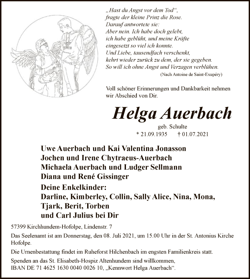  Traueranzeige für Helga Auerbach vom 03.07.2021 aus WA