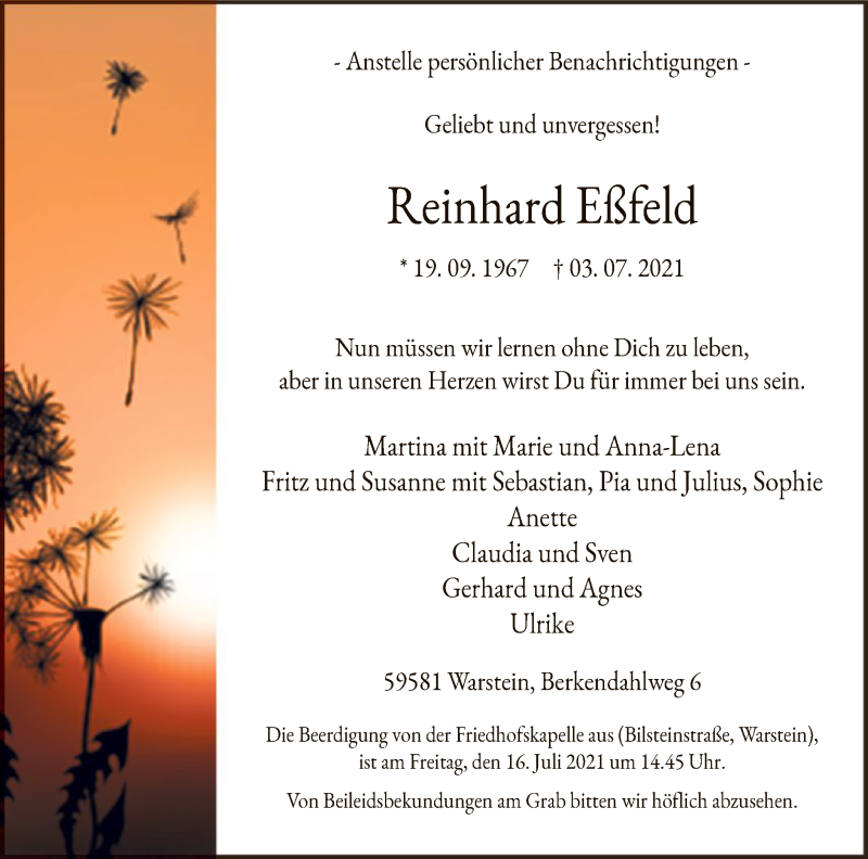  Traueranzeige für Reinhard Eßfeld vom 10.07.2021 aus WA