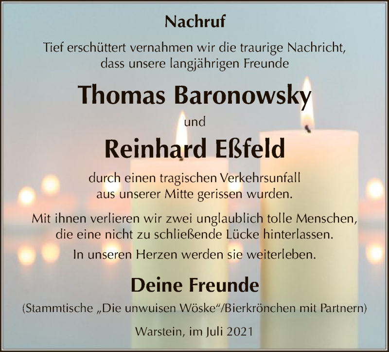  Traueranzeige für Reinhard Eßfeld vom 14.07.2021 aus WA