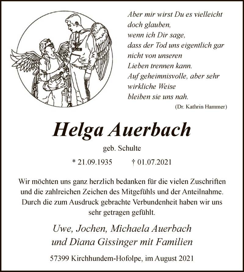  Traueranzeige für Helga Auerbach vom 14.08.2021 aus WA