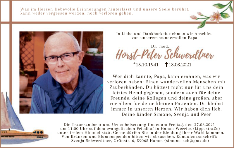  Traueranzeige für Horst-Peter Schwerdtner vom 21.08.2021 aus WA