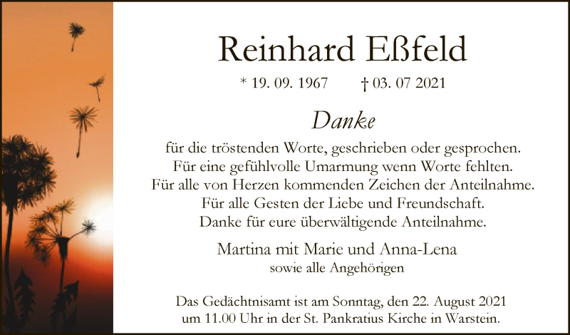  Traueranzeige für Reinhard Eßfeld vom 14.08.2021 aus WA
