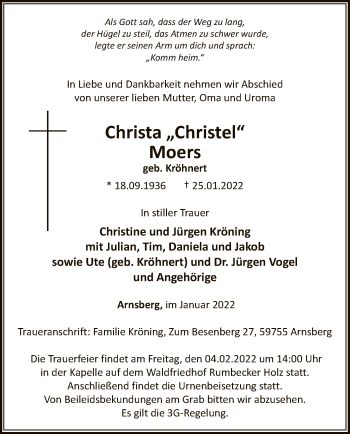 Traueranzeige von Christa Moers von WA
