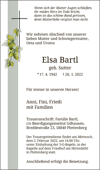 Traueranzeige von Elsa Bartl von WA