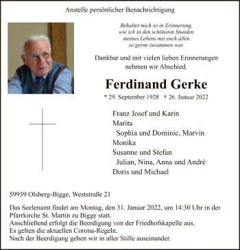 Traueranzeige von Ferdinand Gerke von WA