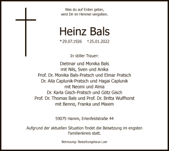 Traueranzeige von Heinz Bals von WA