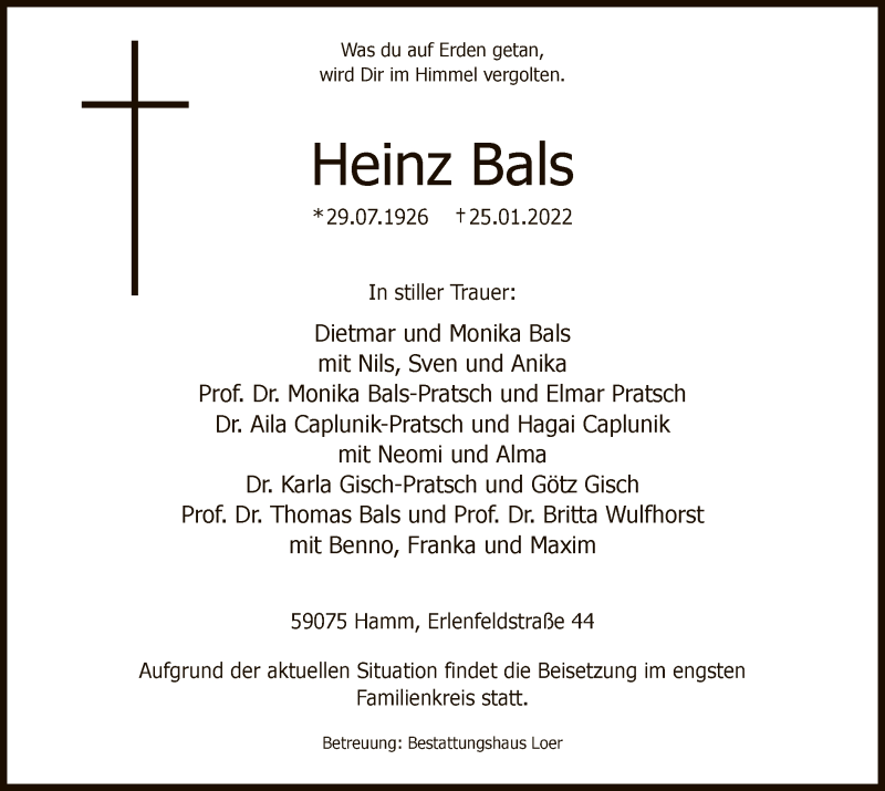  Traueranzeige für Heinz Bals vom 29.01.2022 aus WA