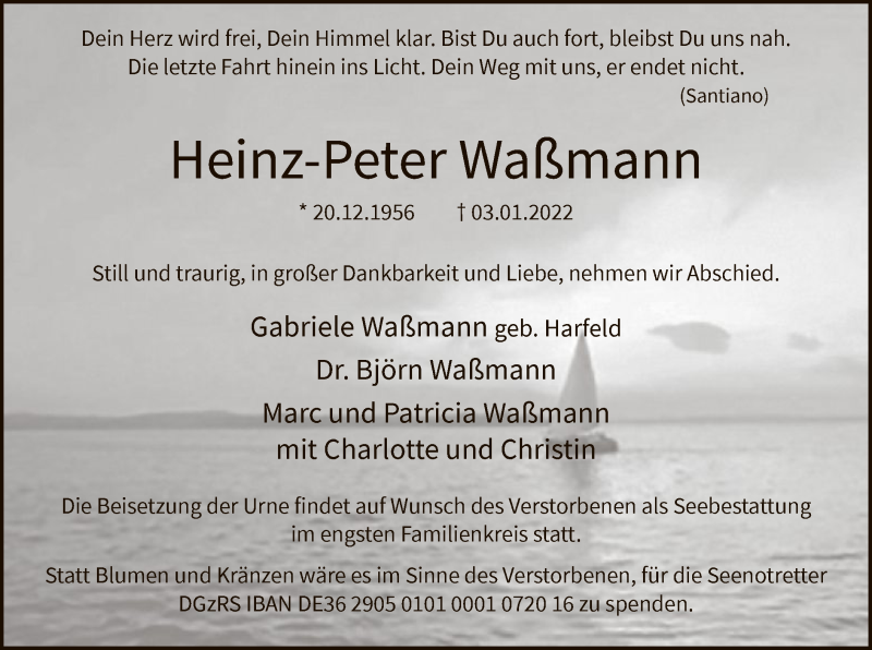  Traueranzeige für Heinz-Peter Waßmann vom 15.01.2022 aus WA