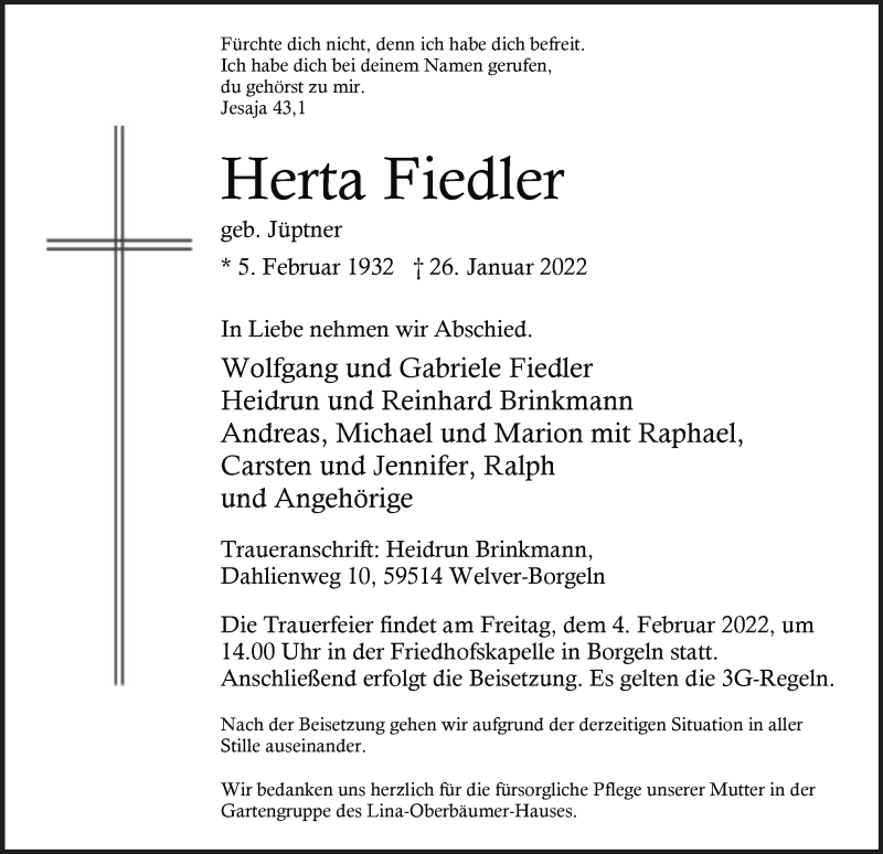  Traueranzeige für Herta Fiedler vom 29.01.2022 aus WA