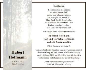 Traueranzeige von Hubert Hoffmann von WA