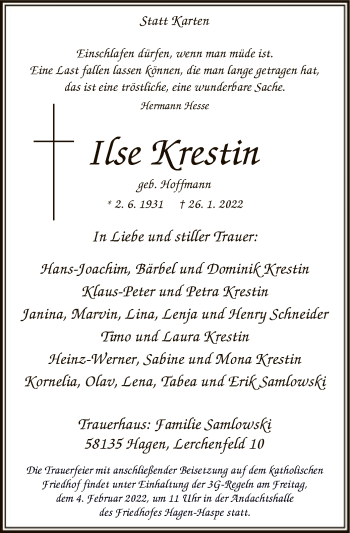 Traueranzeige von Ilse Krestin von WA