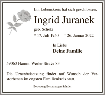 Traueranzeige von Ingrid Juranek von WA