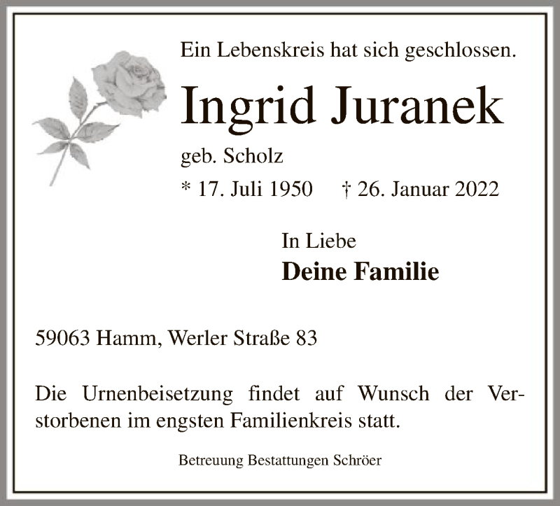  Traueranzeige für Ingrid Juranek vom 29.01.2022 aus WA