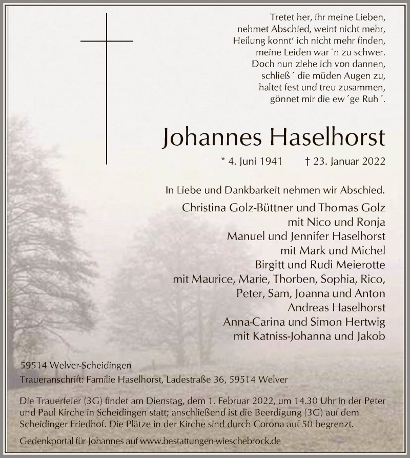  Traueranzeige für Johannes Haselhorst vom 28.01.2022 aus WA