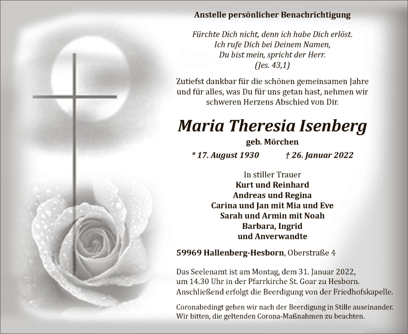  Traueranzeige für Maria Theresia Isenberg vom 29.01.2022 aus WA