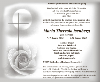Traueranzeige von Maria Theresia Isenberg von WA