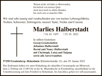Traueranzeige von Marlies Halberstadt von WA