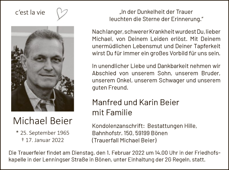  Traueranzeige für Michael Beier vom 22.01.2022 aus WA