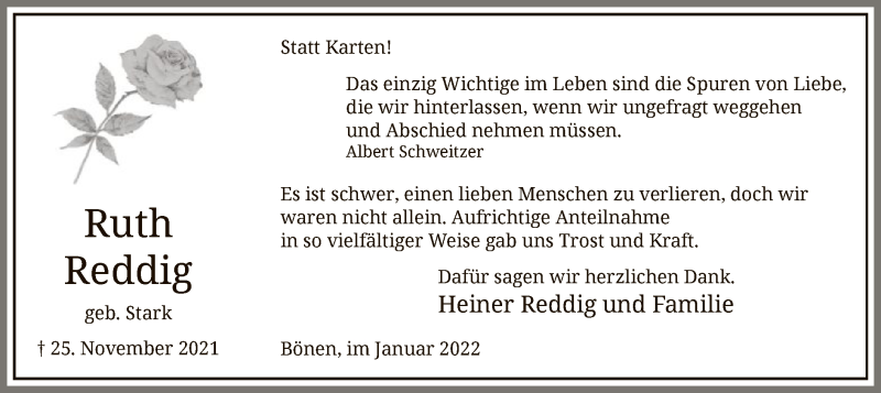  Traueranzeige für Ruth Reddig vom 08.01.2022 aus WA