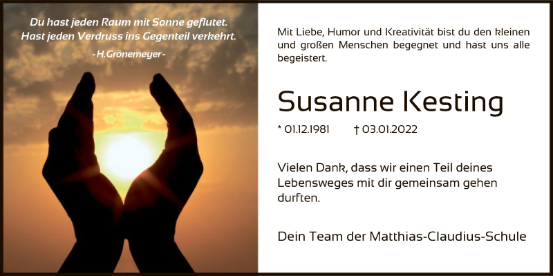  Traueranzeige für Susanne Kesting vom 08.01.2022 aus WA