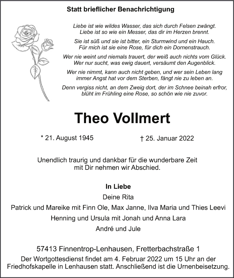  Traueranzeige für Theo Vollmert vom 29.01.2022 aus WA