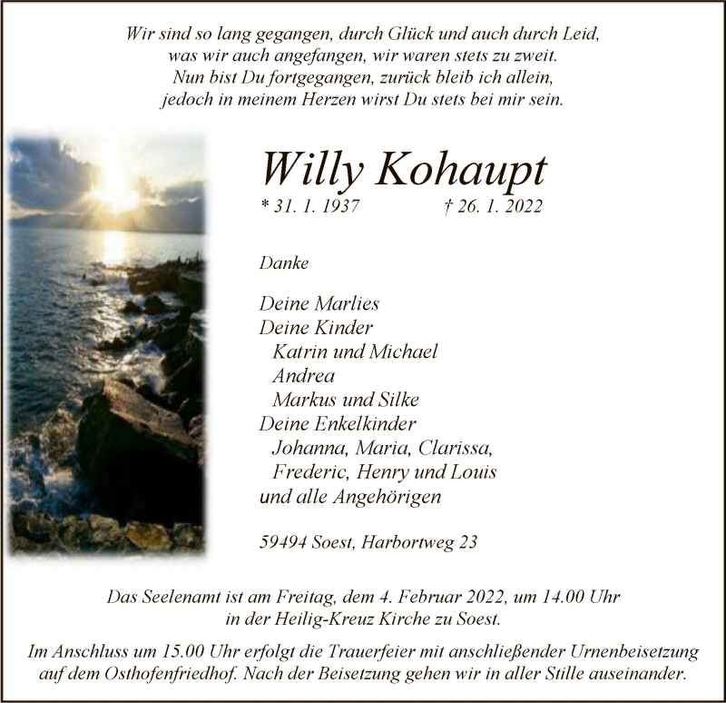  Traueranzeige für Willy Kohaupt vom 29.01.2022 aus WA