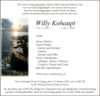 Traueranzeige von Willy Kohaupt von WA