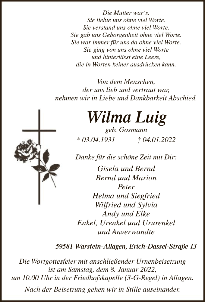 Traueranzeige für Wilma Luig vom 06.01.2022 aus WA